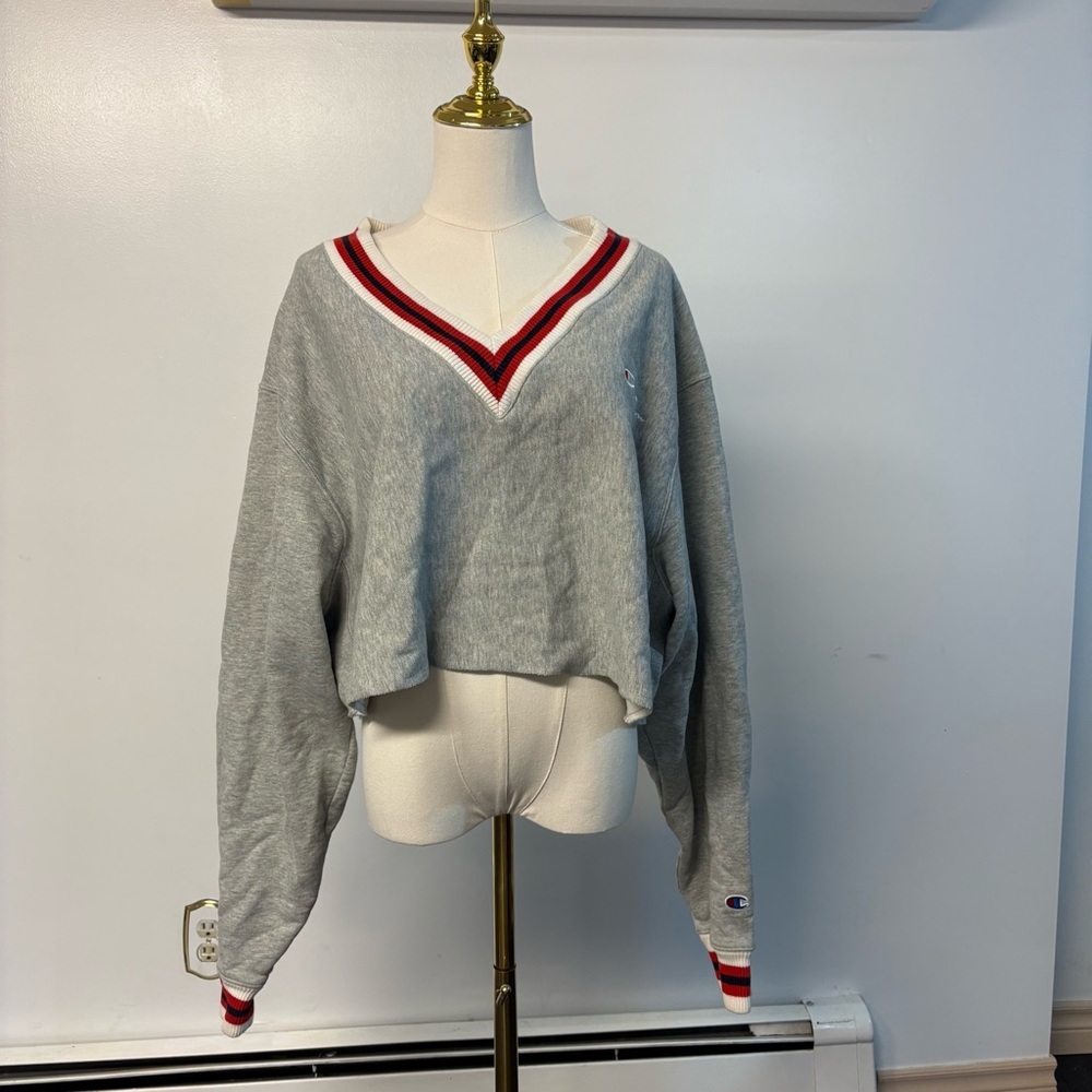 Champion Gray V-Neck Sweater with Red and White Accents Cropped